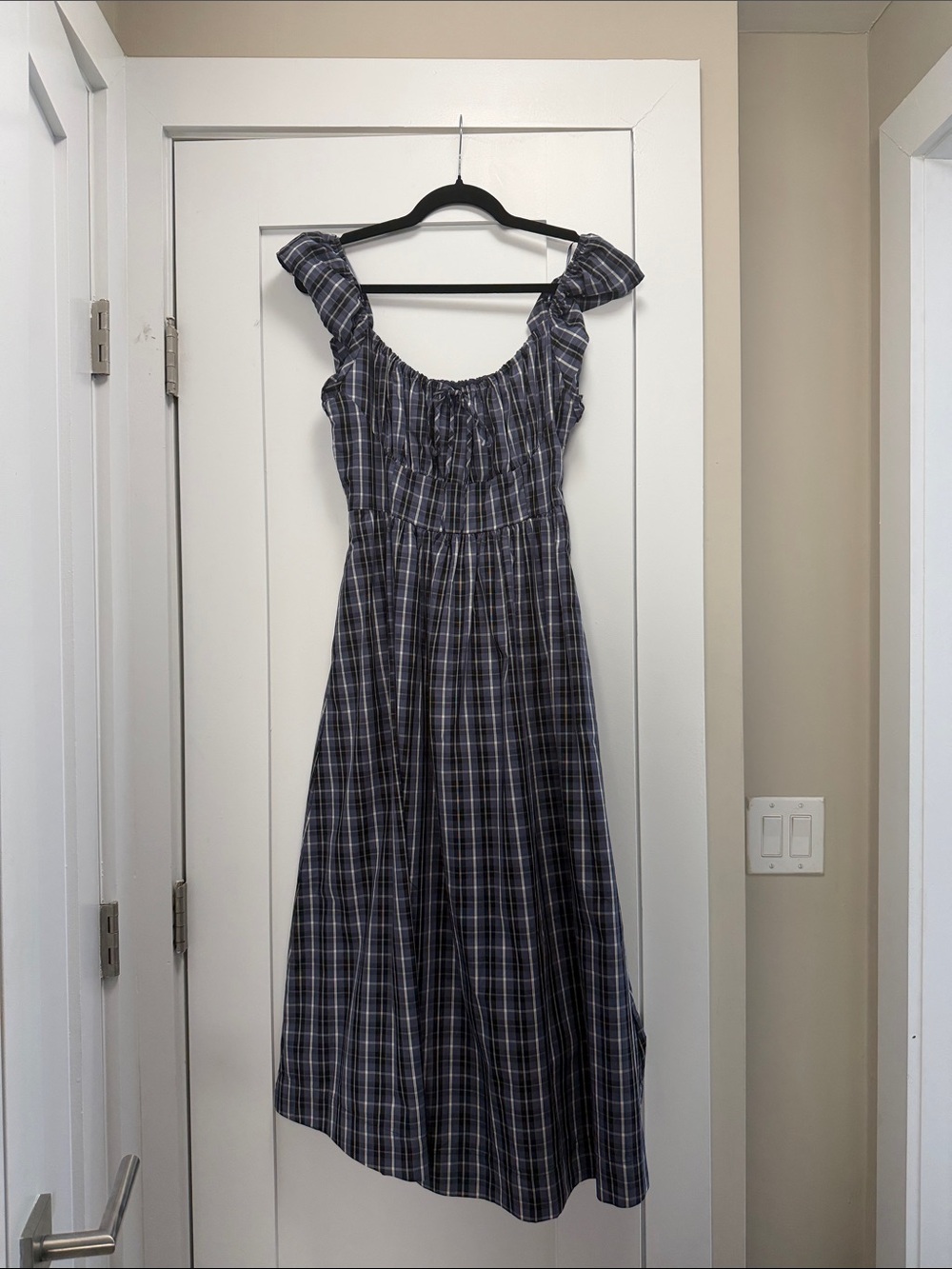 Anthropologie Navy Plaid Ruffled-Shoulder Midi Dress
